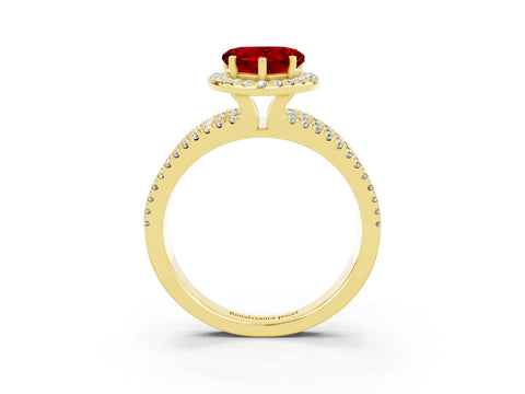 Yellow gold {shape_name} Ruby Halo Engagement Ring with Split Shank and Four-Prong Setting_3
