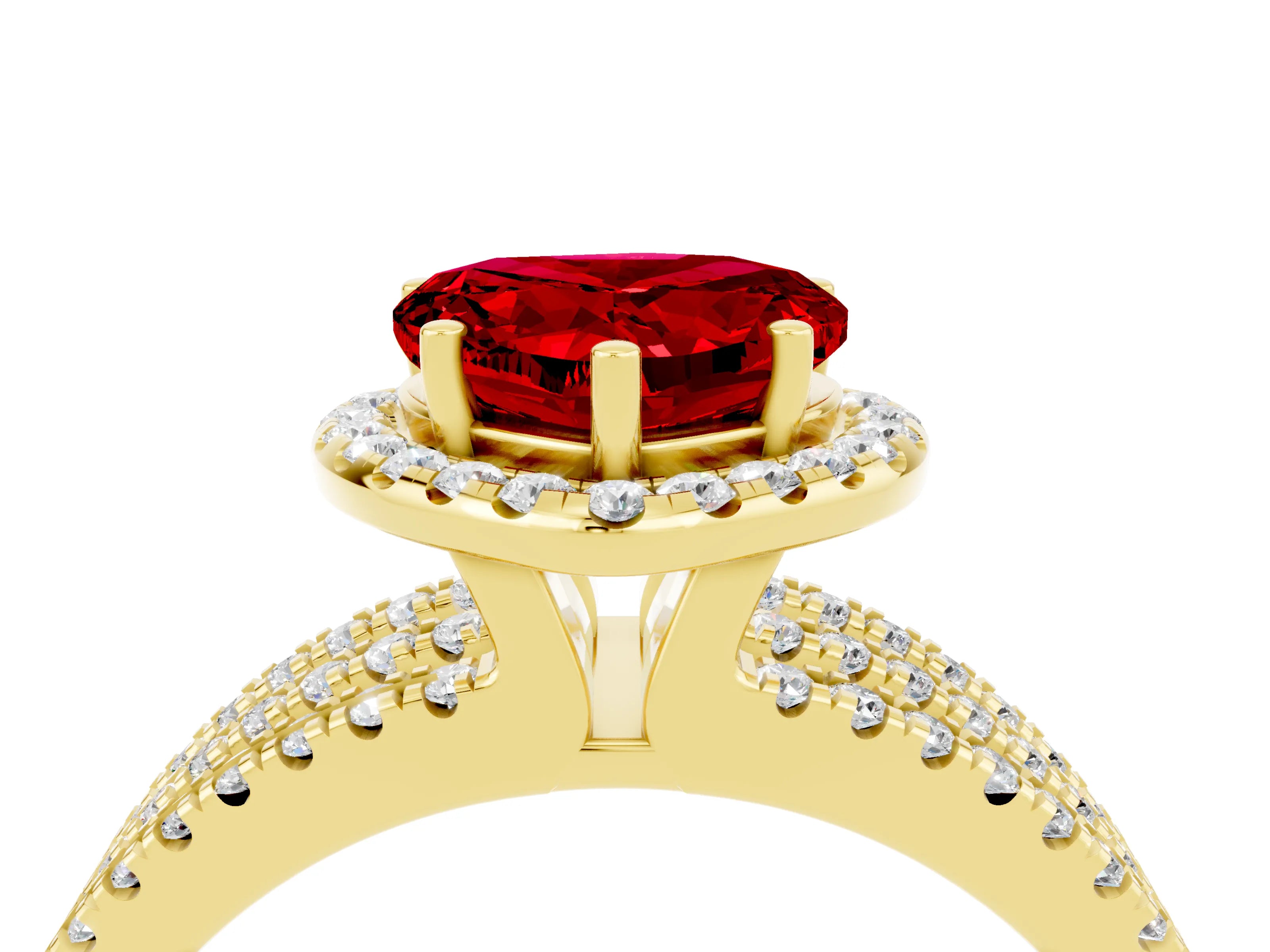 Yellow gold {shape_name} Ruby Halo Engagement Ring with Split Shank and Four-Prong Setting_4