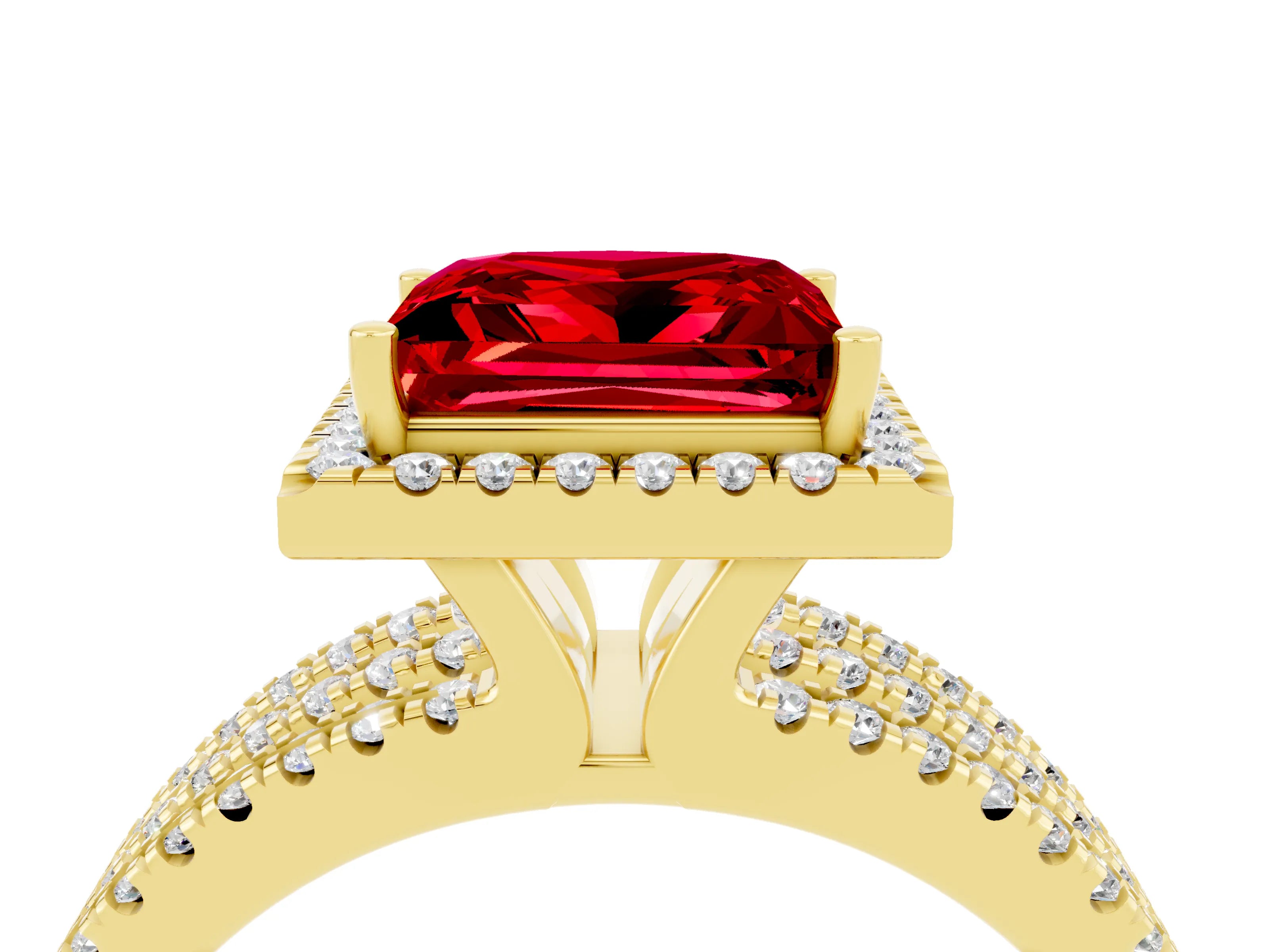 Yellow gold {shape_name} Ruby Halo Engagement Ring with Split Shank and Four-Prong Setting_4