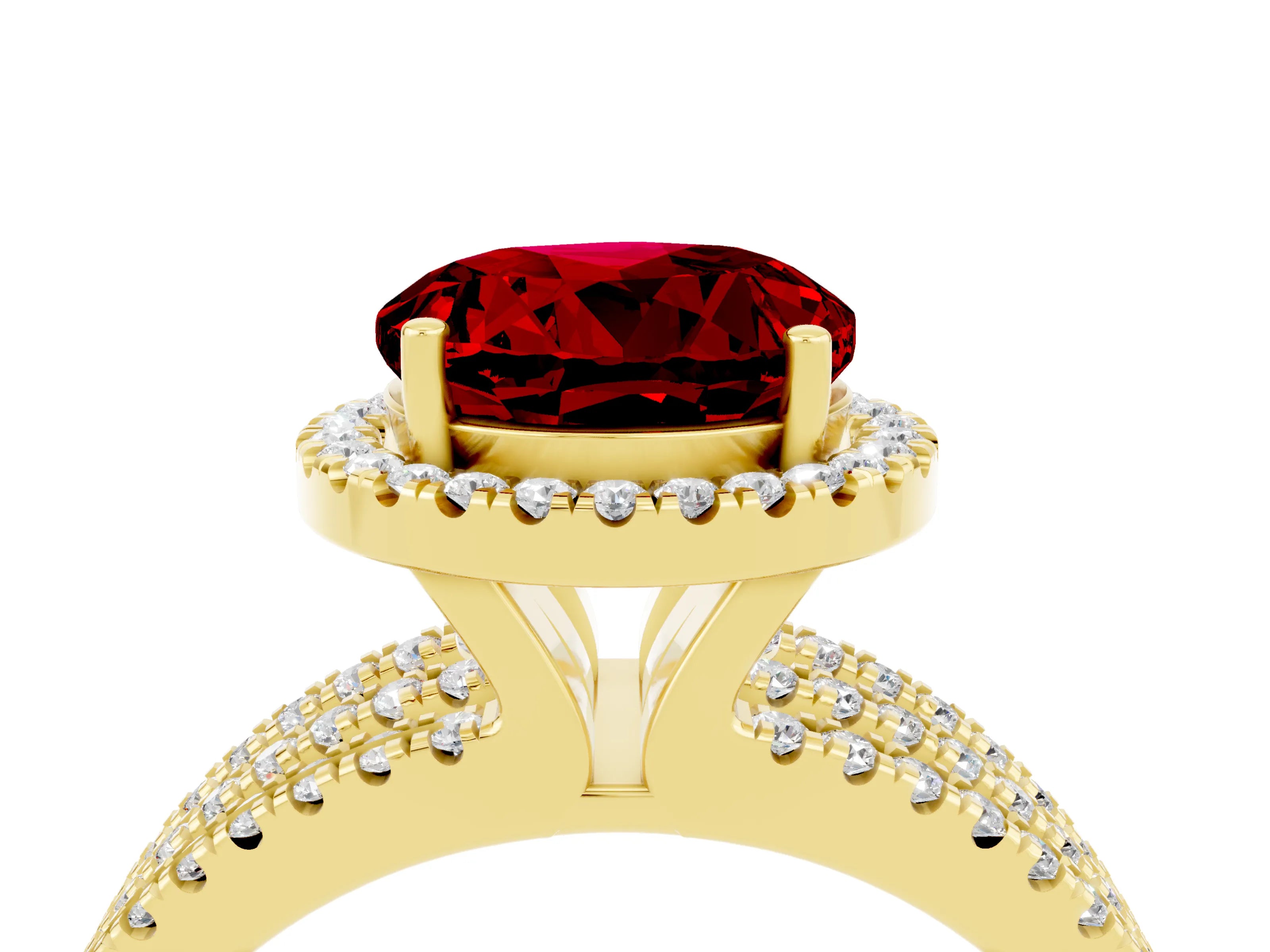 Yellow gold {shape_name} Ruby Halo Engagement Ring with Split Shank and Four-Prong Setting_4
