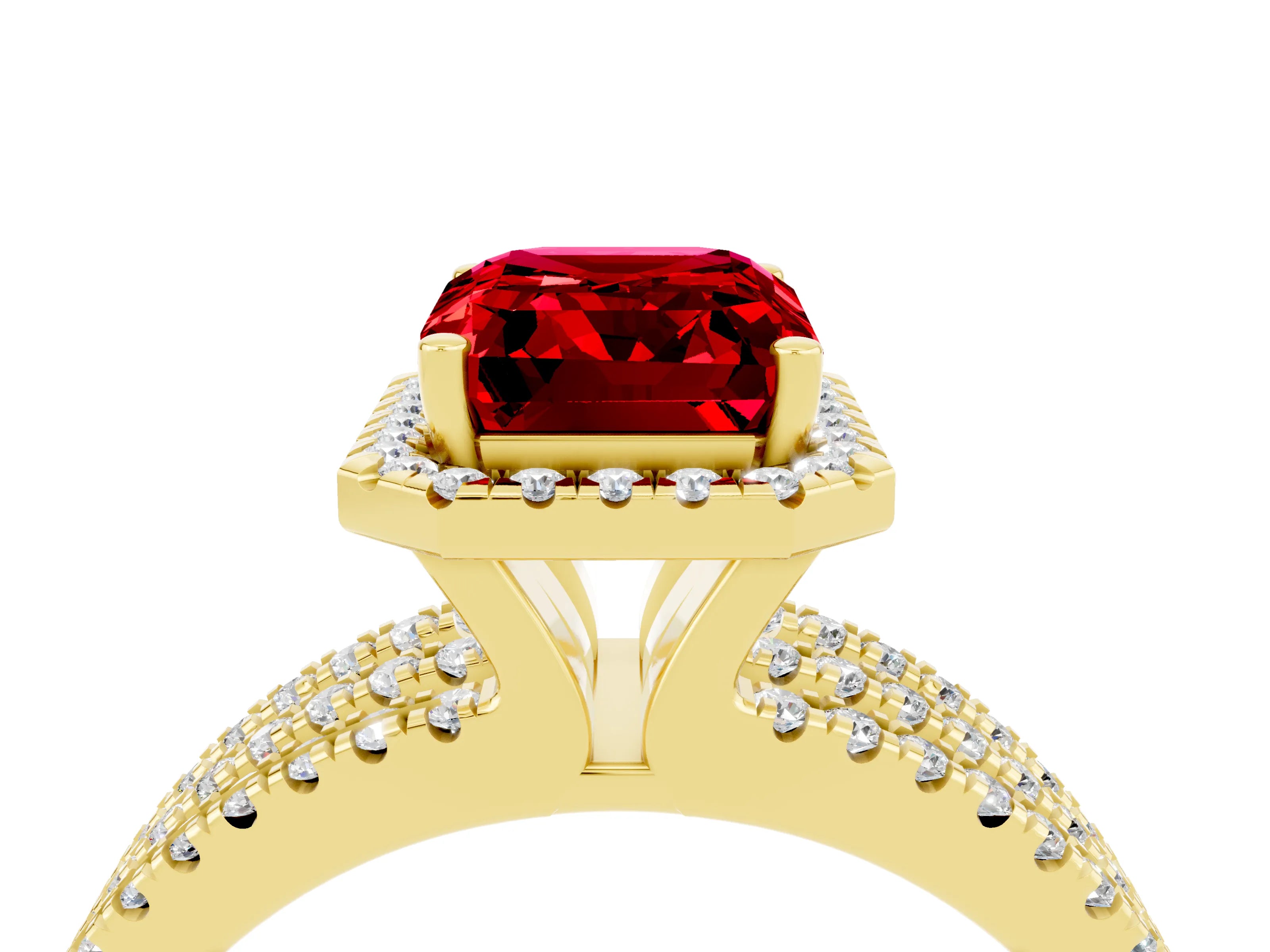 Yellow gold {shape_name} Ruby Halo Engagement Ring with Split Shank and Four-Prong Setting_4