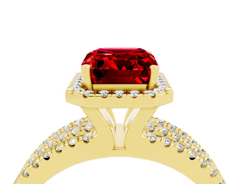 Yellow gold {shape_name} Ruby Halo Engagement Ring with Split Shank and Four-Prong Setting_4