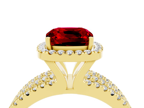 Yellow gold {shape_name} Ruby Halo Engagement Ring with Split Shank and Four-Prong Setting_4