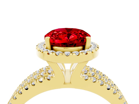 Yellow gold {shape_name} Ruby Halo Engagement Ring with Split Shank and Four-Prong Setting_4