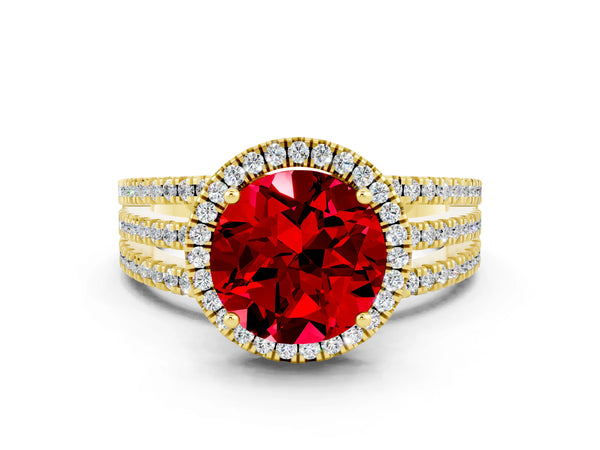 Yellow gold Round Cut Ruby Halo Engagement Ring with Split Shank and Four-Prong Setting