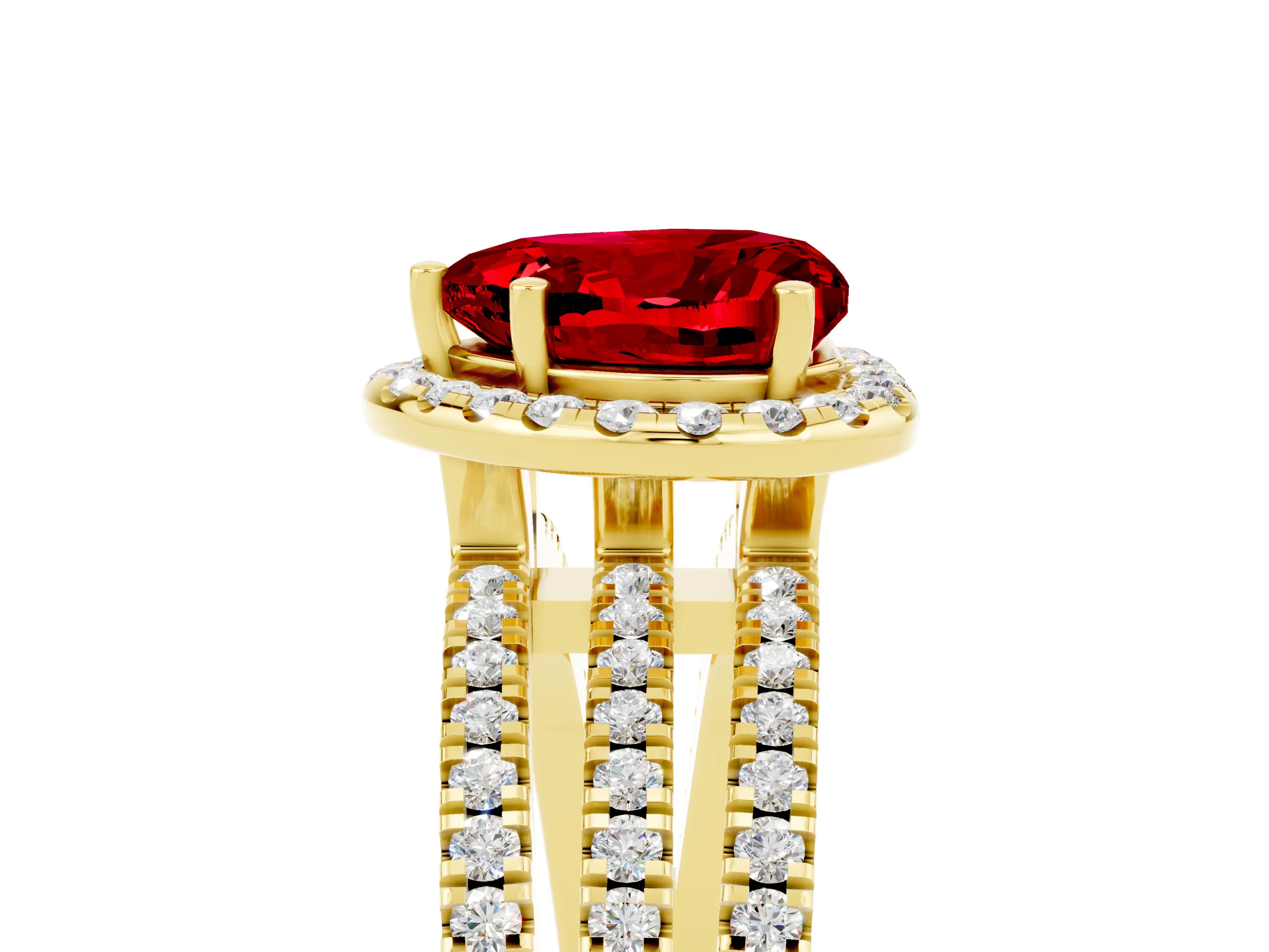 Yellow gold {shape_name} Ruby Halo Engagement Ring with Split Shank and Four-Prong Setting_5
