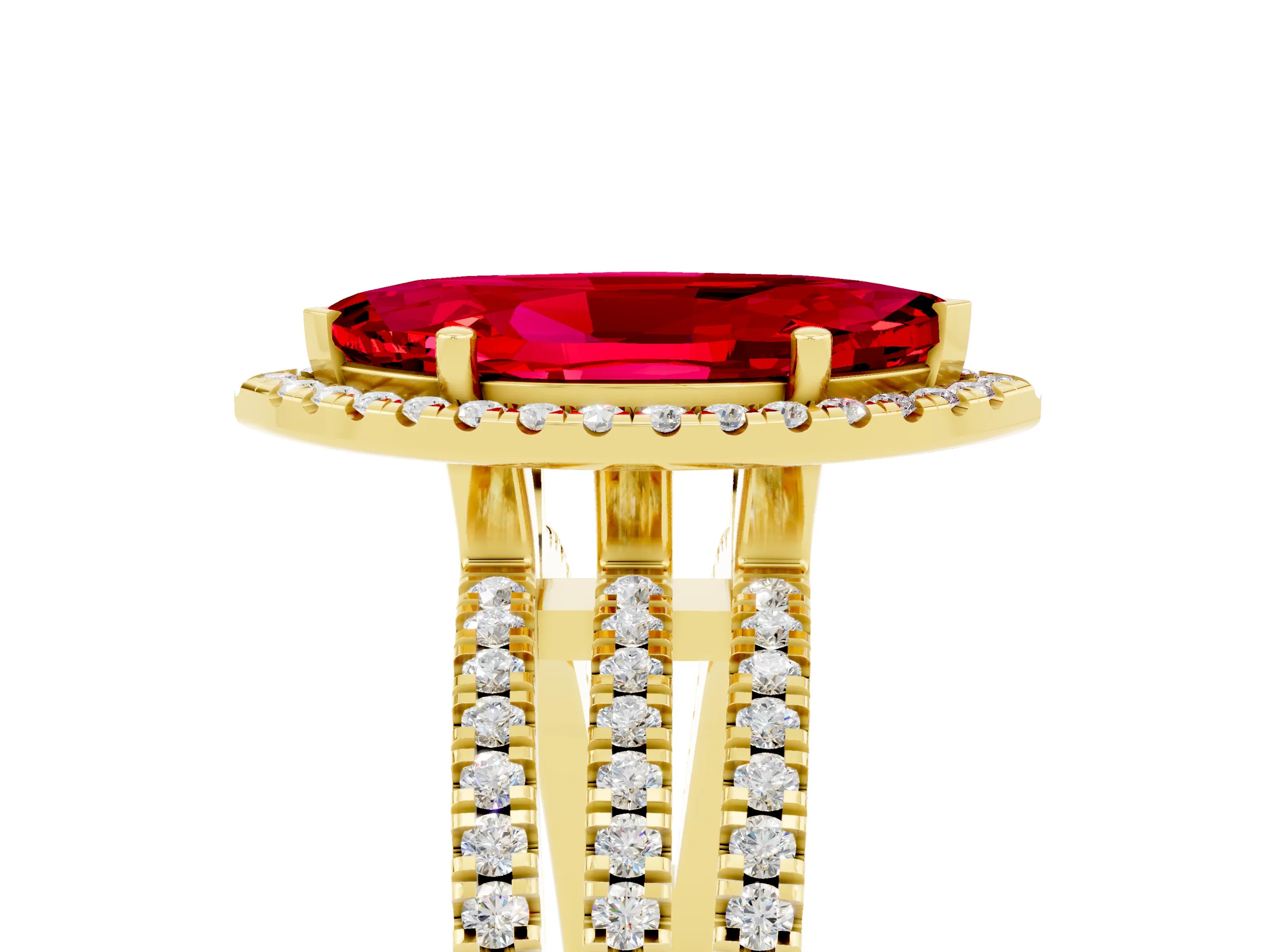 Yellow gold {shape_name} Ruby Halo Engagement Ring with Split Shank and Four-Prong Setting_5