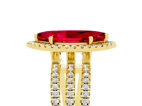 Yellow gold {shape_name} Ruby Halo Engagement Ring with Split Shank and Four-Prong Setting_5
