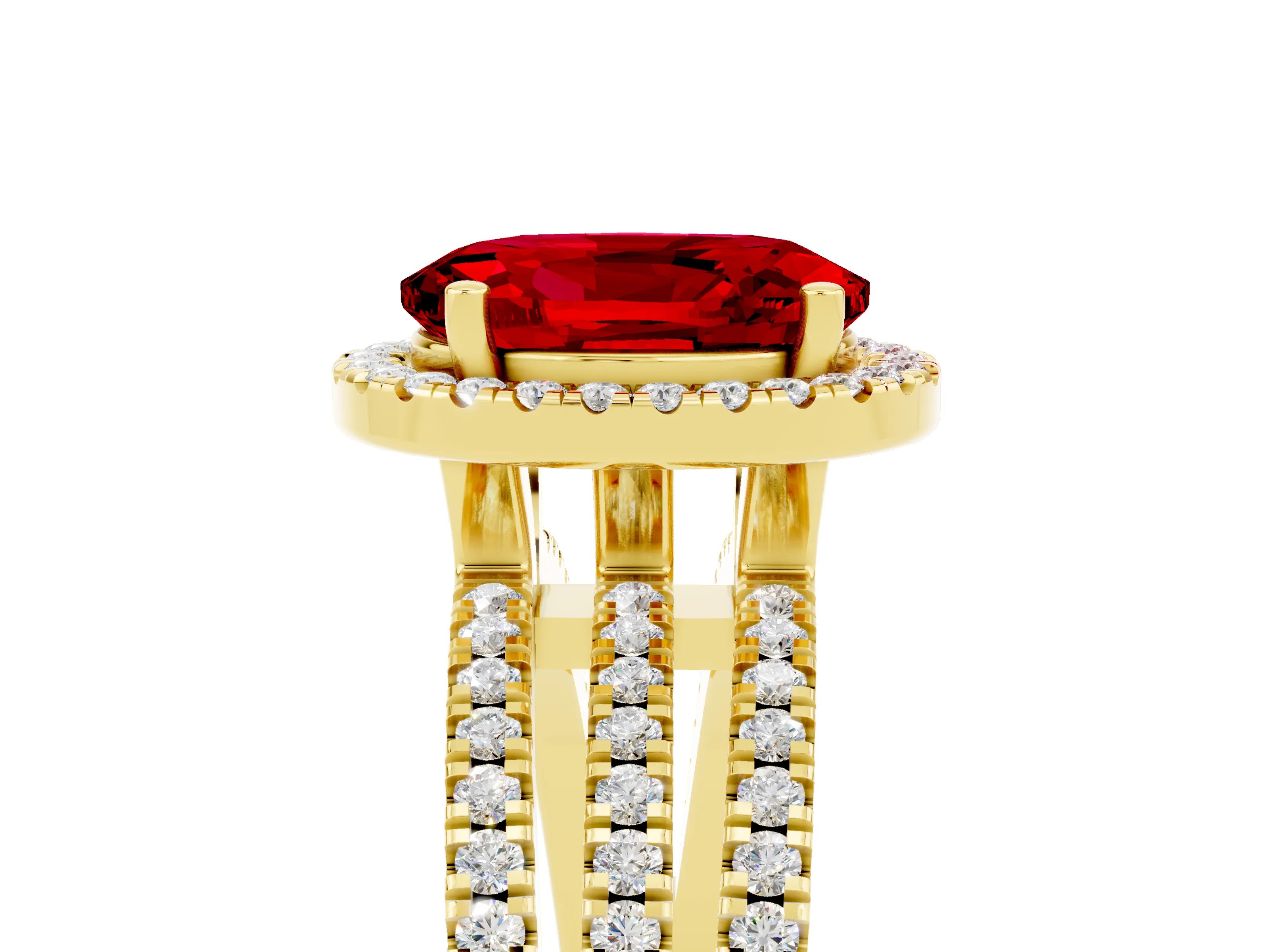 Yellow gold {shape_name} Ruby Halo Engagement Ring with Split Shank and Four-Prong Setting_5