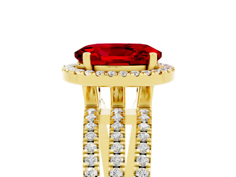 Yellow gold {shape_name} Ruby Halo Engagement Ring with Split Shank and Four-Prong Setting_5