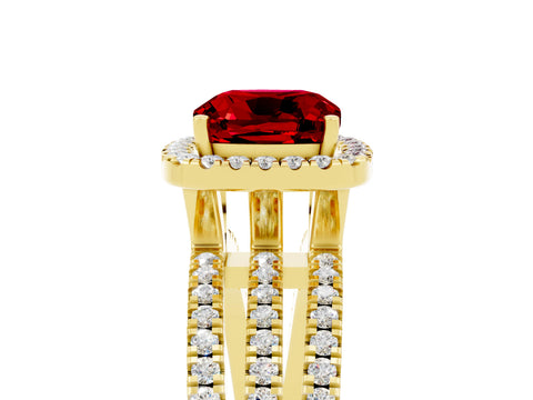 Yellow gold {shape_name} Ruby Halo Engagement Ring with Split Shank and Four-Prong Setting_5