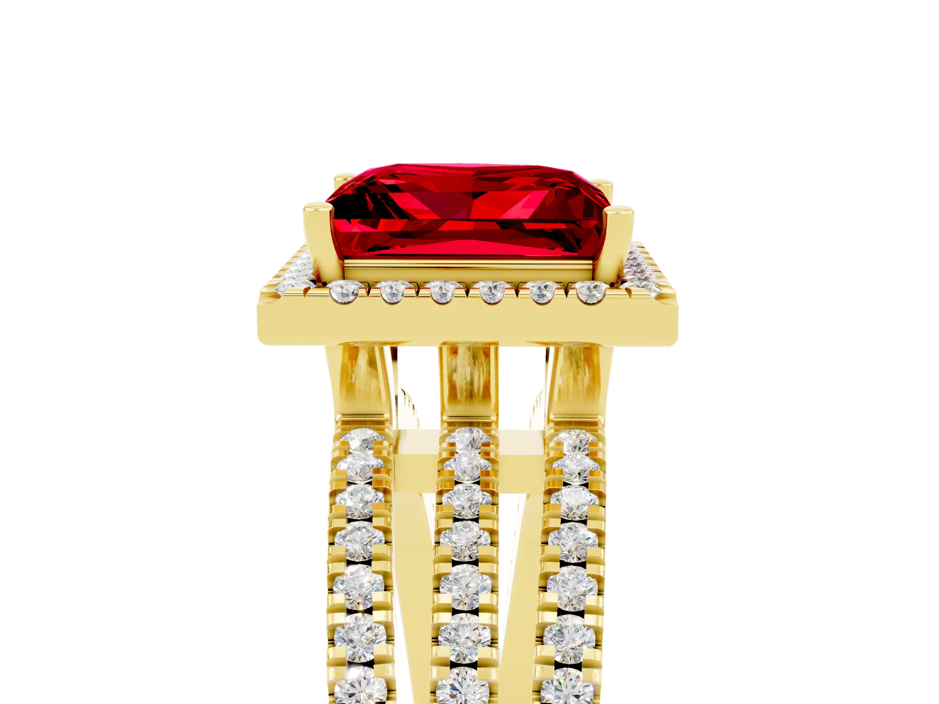 Yellow gold {shape_name} Ruby Halo Engagement Ring with Split Shank and Four-Prong Setting_5