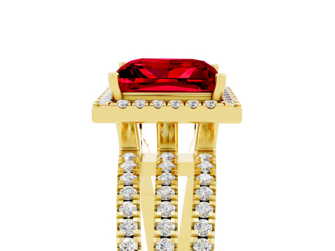 Yellow gold {shape_name} Ruby Halo Engagement Ring with Split Shank and Four-Prong Setting_5