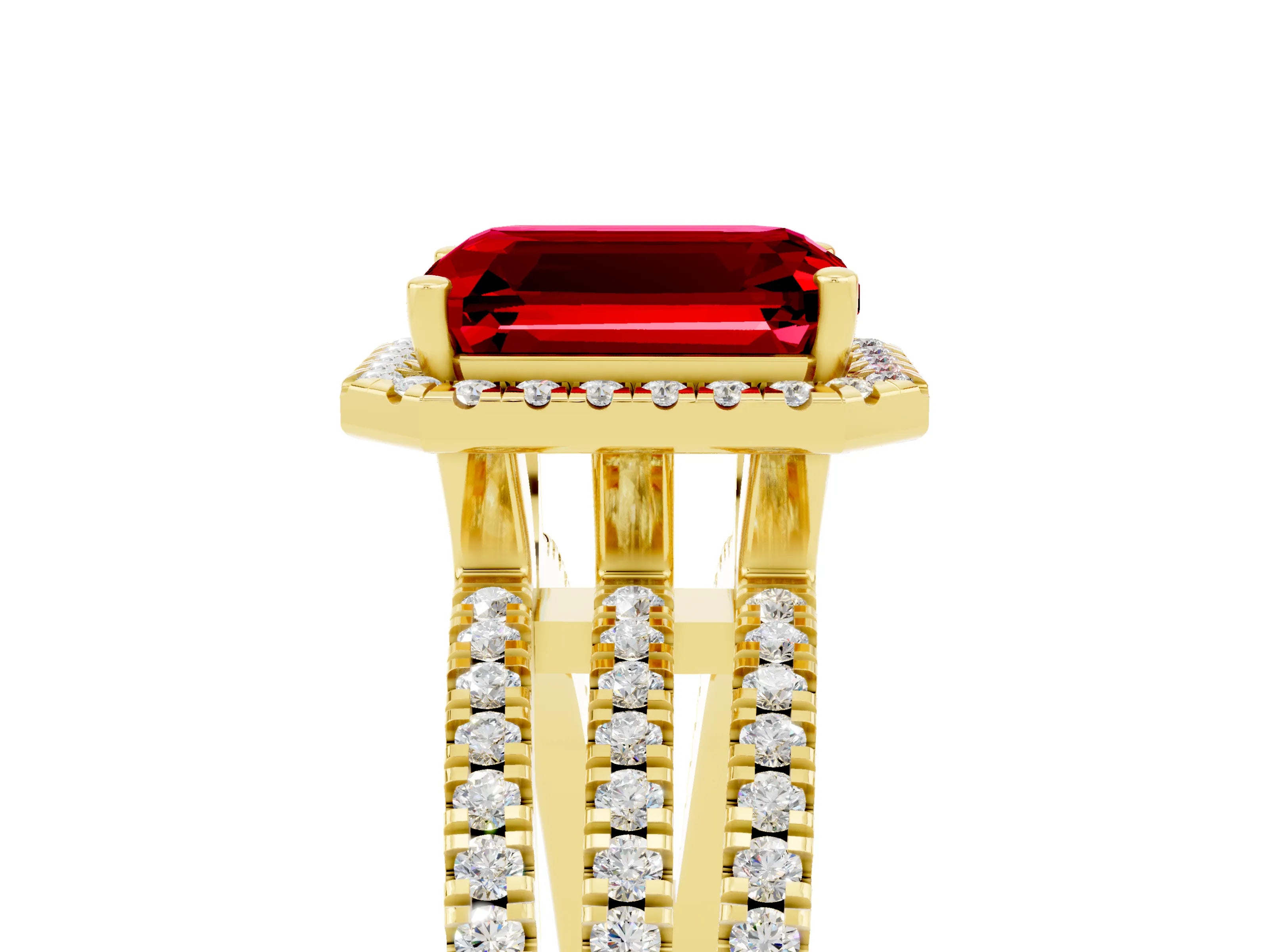 Yellow gold {shape_name} Ruby Halo Engagement Ring with Split Shank and Four-Prong Setting_5