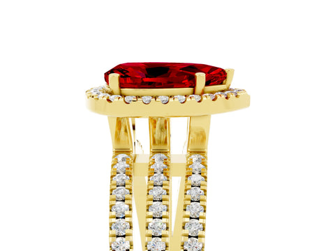 Yellow gold {shape_name} Ruby Halo Engagement Ring with Split Shank and Four-Prong Setting_5