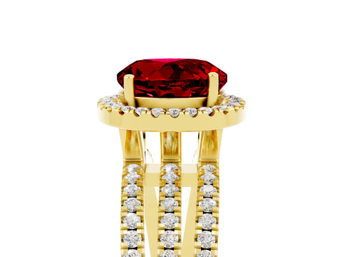 Yellow gold {shape_name} Ruby Halo Engagement Ring with Split Shank and Four-Prong Setting_5