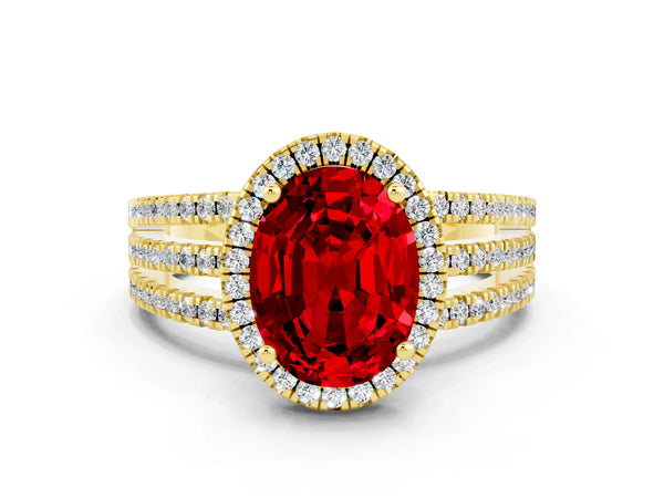 Yellow gold Oval Cut Ruby Halo Engagement Ring with Split Shank and Four-Prong Setting