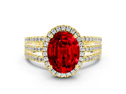 Yellow gold {shape_name} Ruby Halo Engagement Ring with Split Shank and Four-Prong Setting