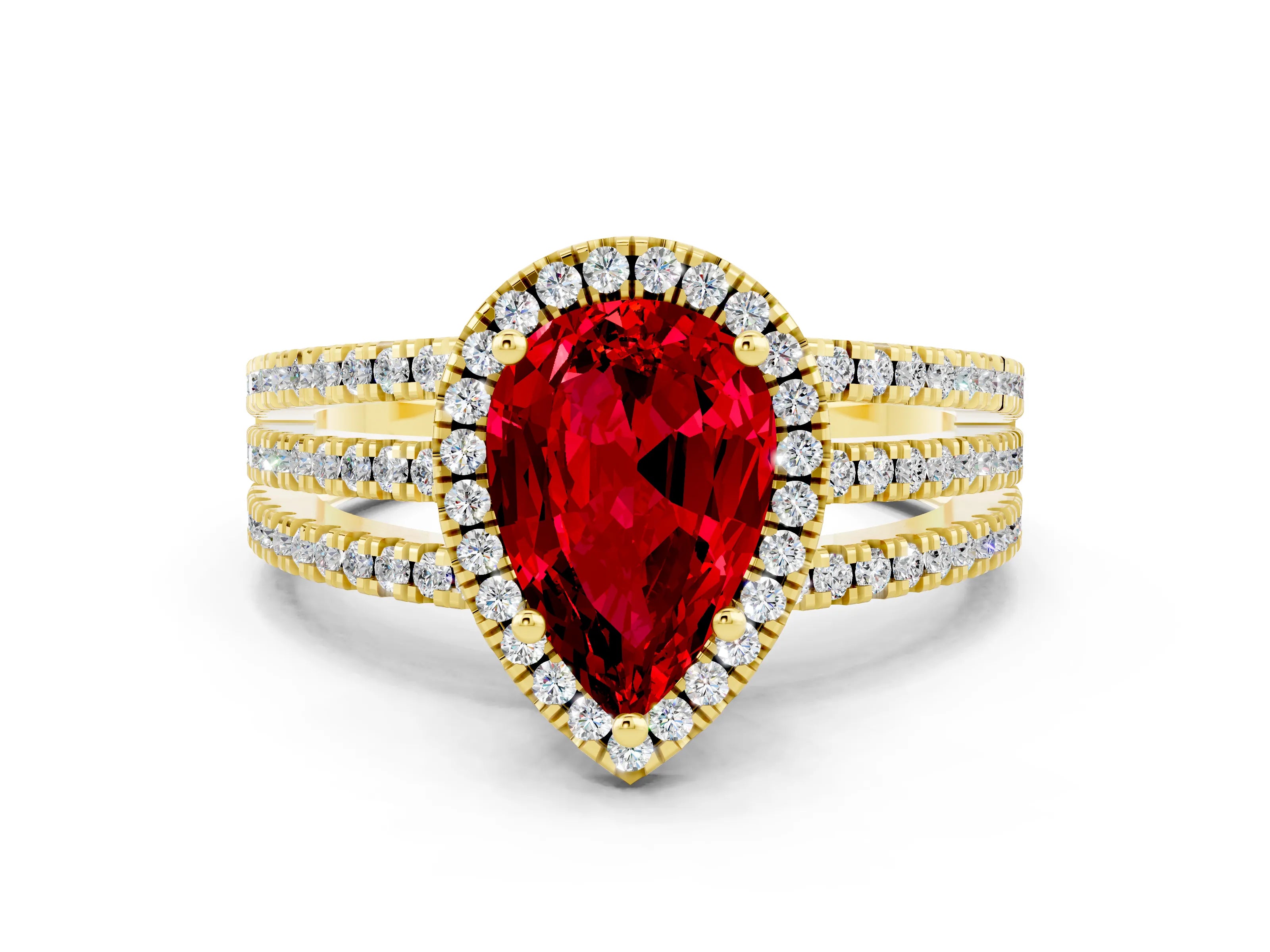 Yellow gold {shape_name} Ruby Halo Engagement Ring with Split Shank and Four-Prong Setting