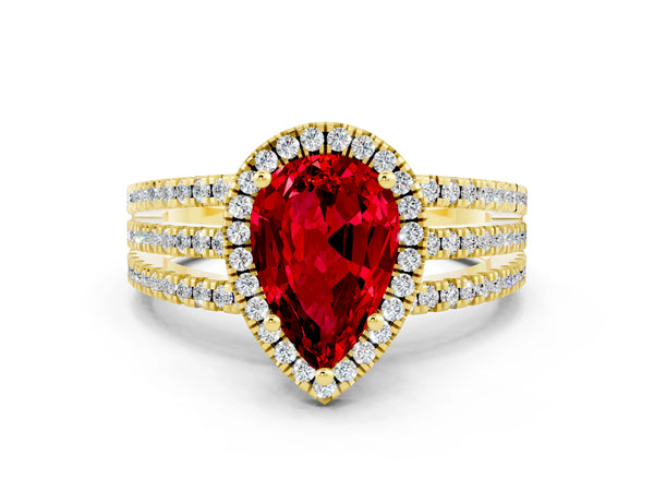 Yellow gold Pear Cut Ruby Halo Engagement Ring with Split Shank and Four-Prong Setting