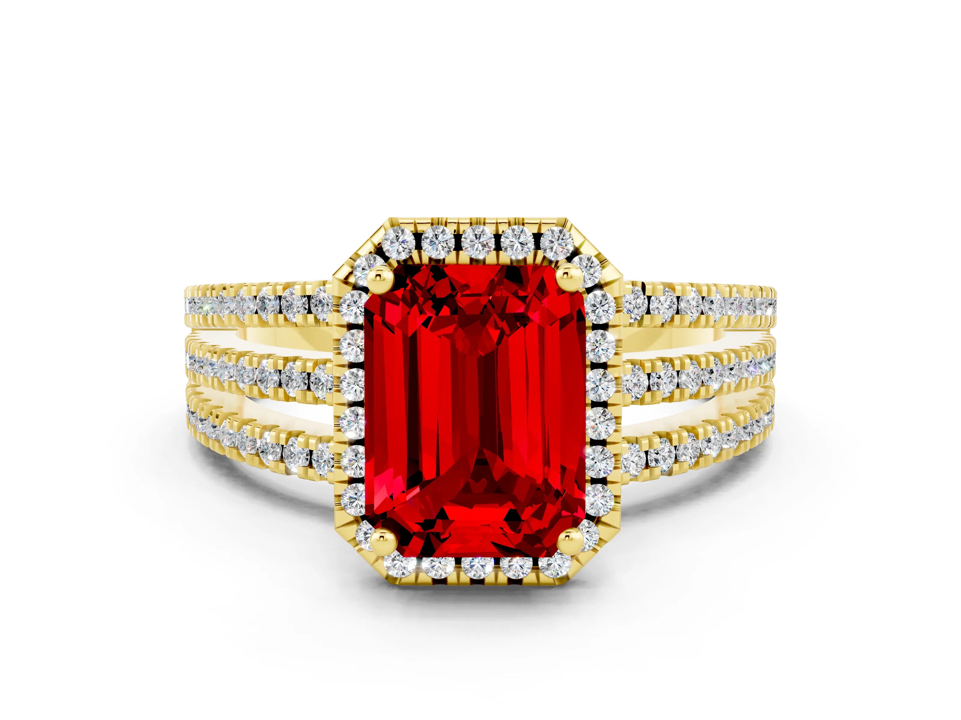 Yellow gold {shape_name} Ruby Halo Engagement Ring with Split Shank and Four-Prong Setting