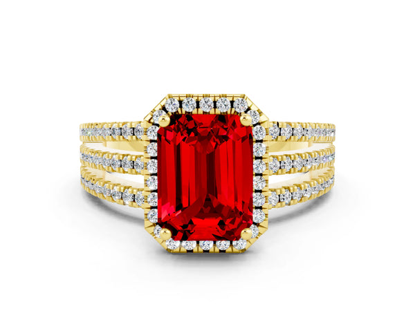 Yellow gold Emerald Cut Ruby Halo Engagement Ring with Split Shank and Four-Prong Setting