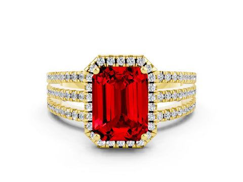 Yellow gold {shape_name} Ruby Halo Engagement Ring with Split Shank and Four-Prong Setting