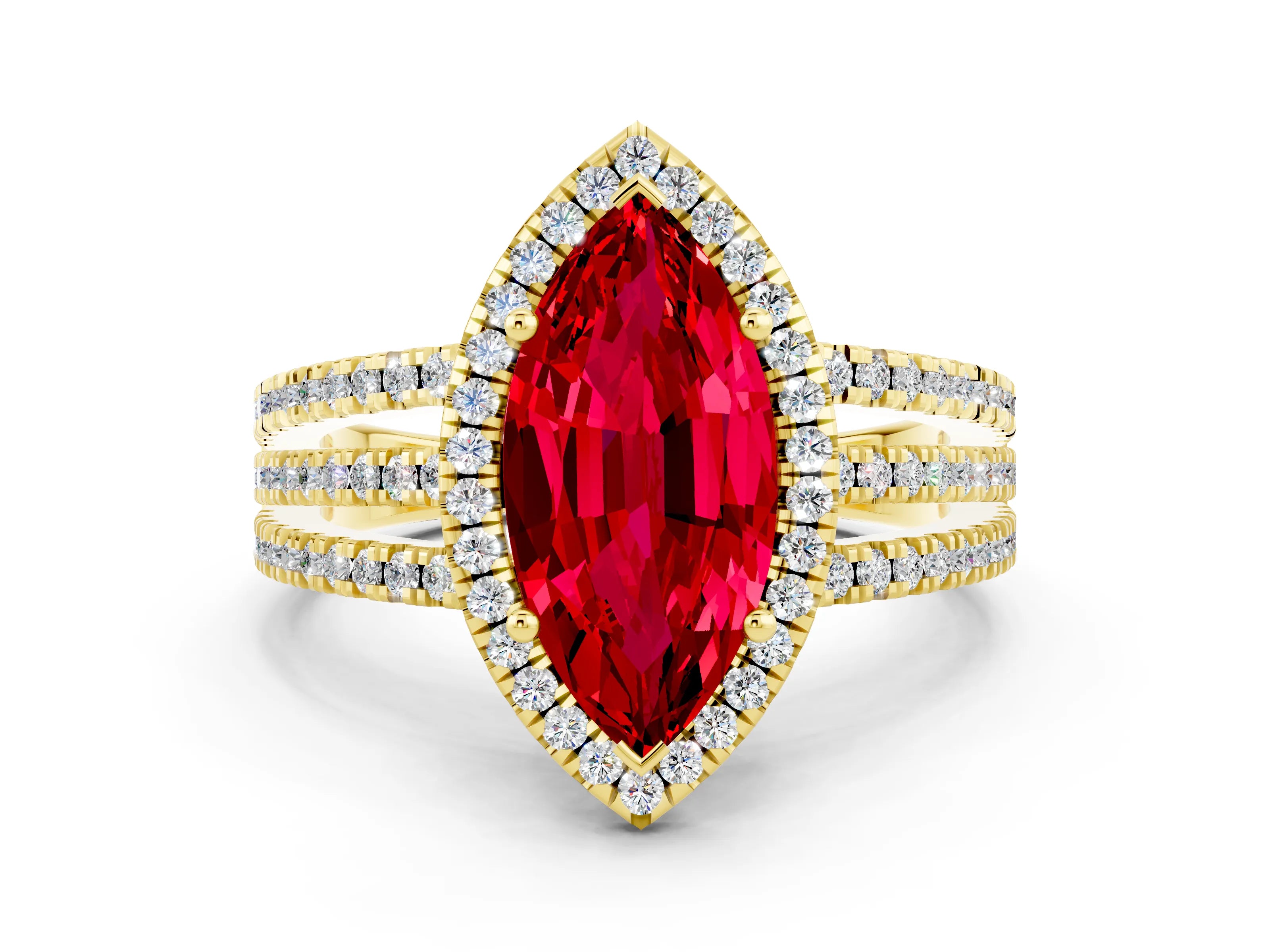 Yellow gold {shape_name} Ruby Halo Engagement Ring with Split Shank and Four-Prong Setting