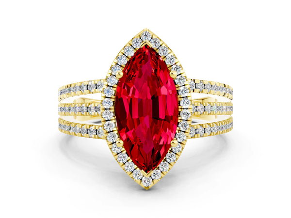 Yellow gold Marquise Cut Ruby Halo Engagement Ring with Split Shank and Four-Prong Setting