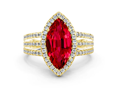 Yellow gold {shape_name} Ruby Halo Engagement Ring with Split Shank and Four-Prong Setting