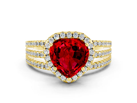 Yellow gold {shape_name} Ruby Halo Engagement Ring with Split Shank and Four-Prong Setting