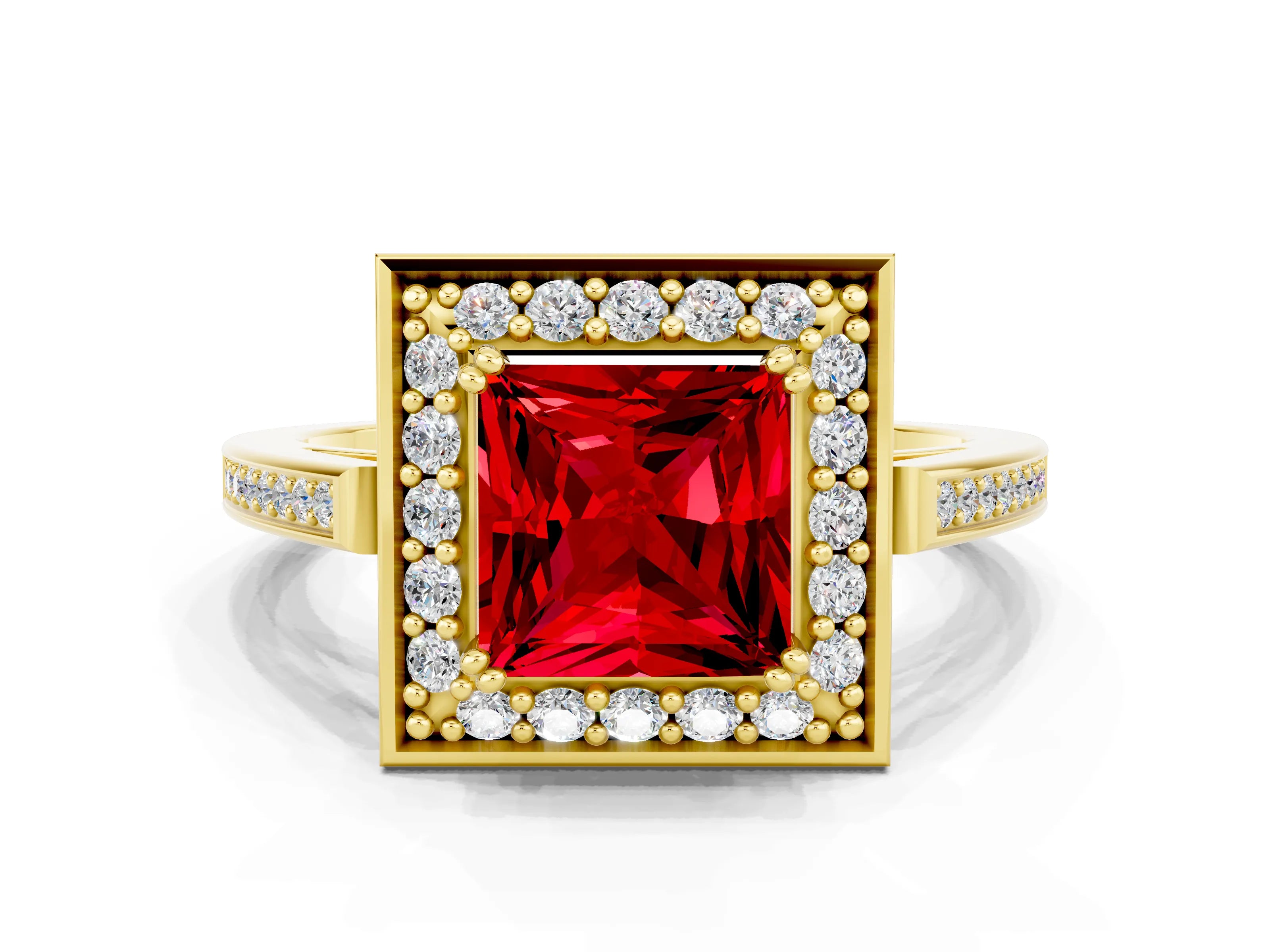 Yellow gold {shape_name} Ruby Halo Ring with Split Shank and Four-Prong Setting
