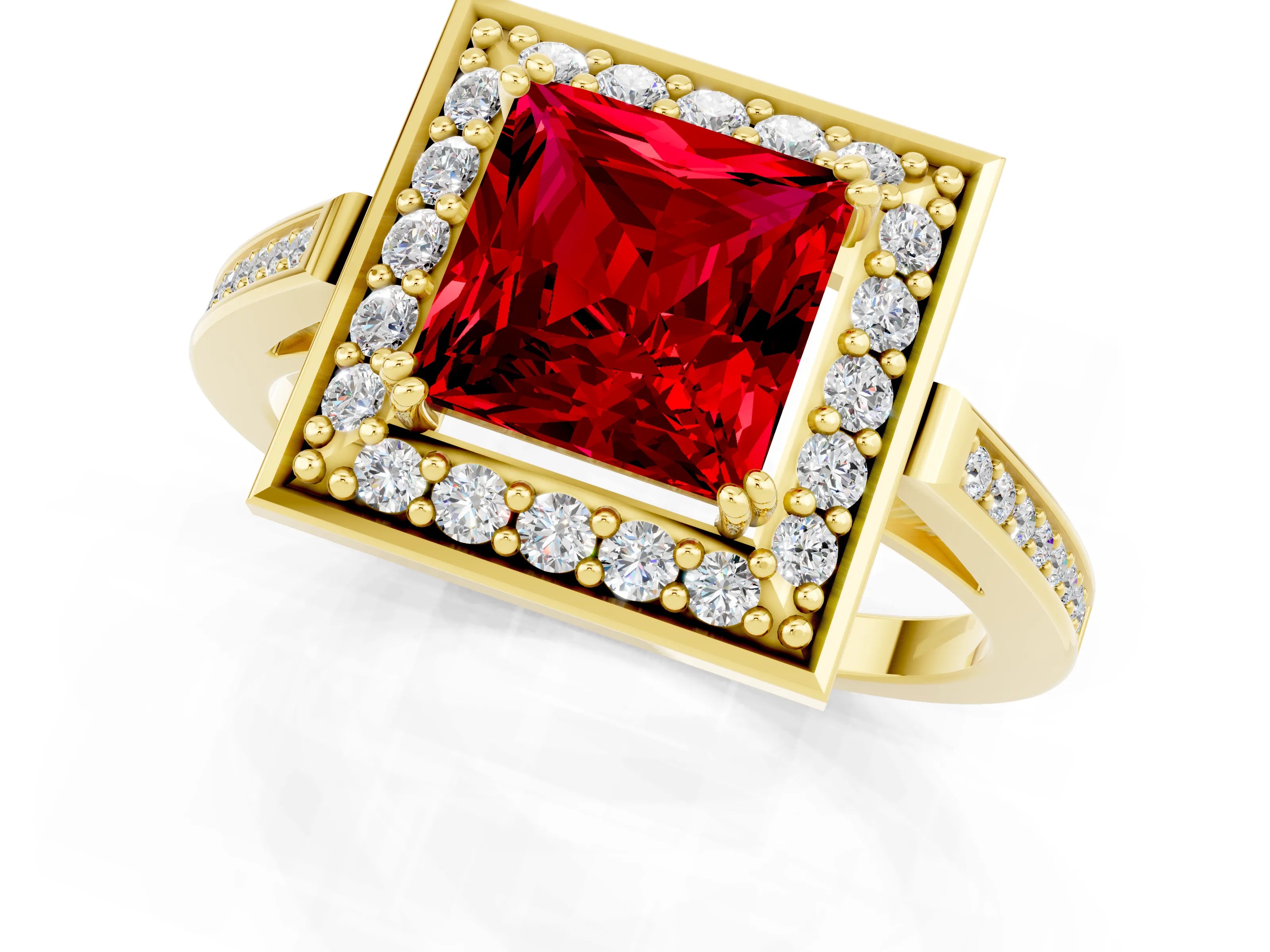 Yellow gold {shape_name} Ruby Halo Ring with Split Shank and Four-Prong Setting_1