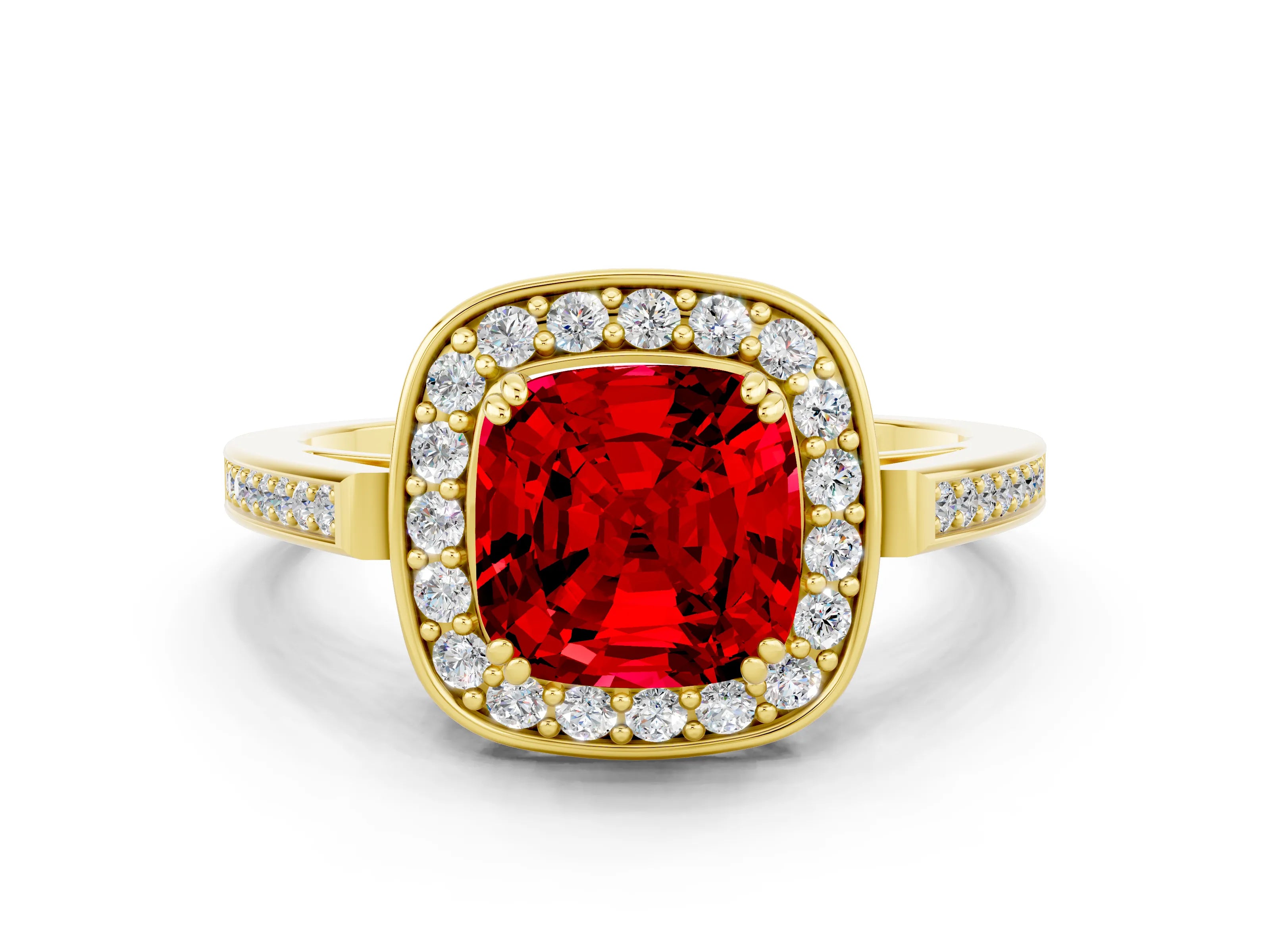 Yellow gold {shape_name} Ruby Halo Ring with Split Shank and Four-Prong Setting_12