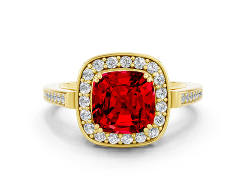 Yellow gold {shape_name} Ruby Halo Ring with Split Shank and Four-Prong Setting_12