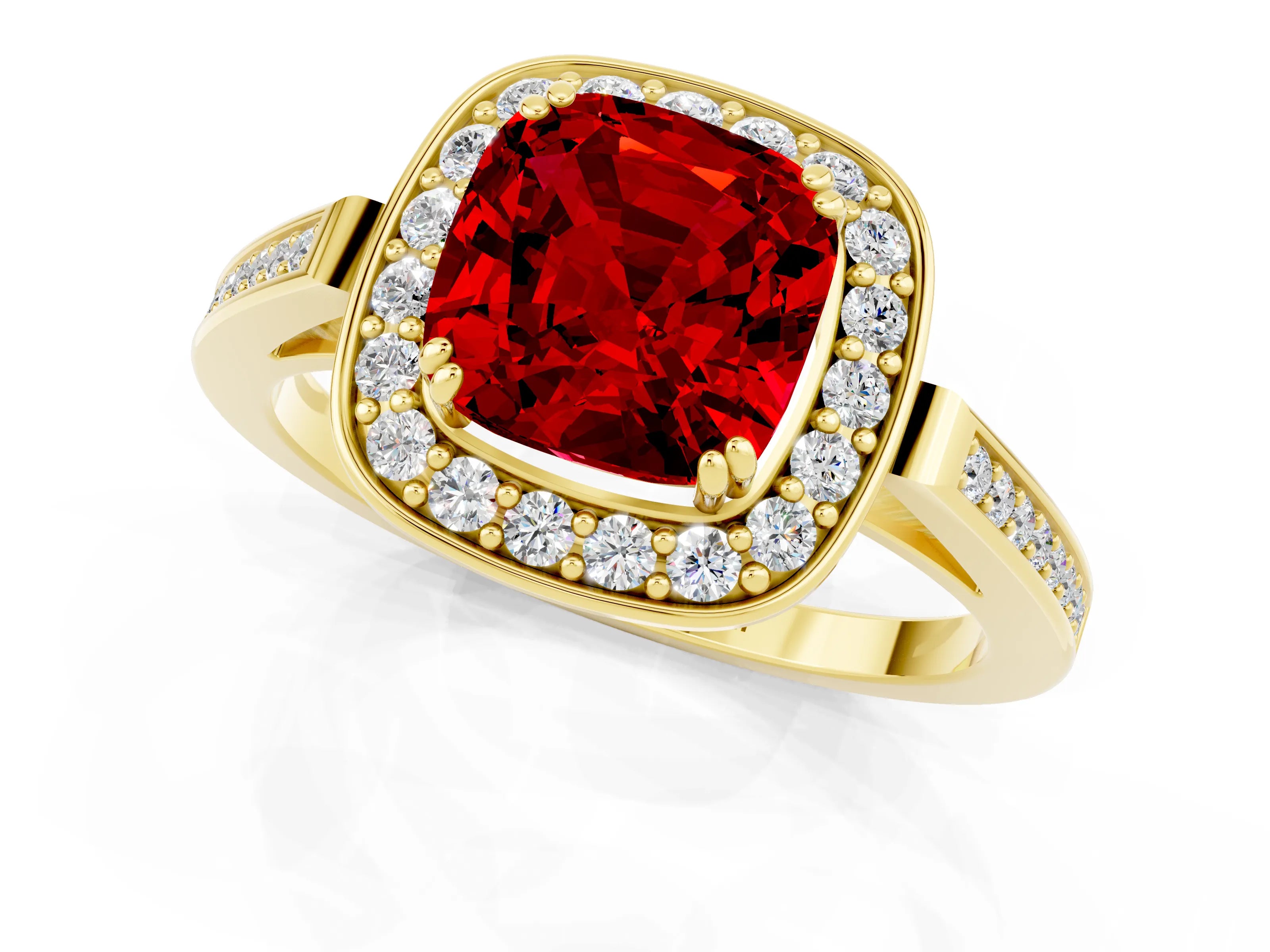 Yellow gold {shape_name} Ruby Halo Ring with Split Shank and Four-Prong Setting_13