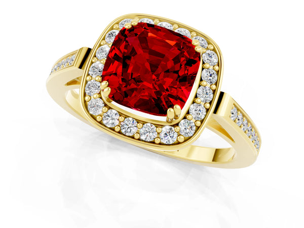 Yellow gold Cushion Cut Ruby Halo Ring with Split Shank and Four-Prong Setting