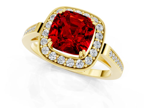Yellow gold {shape_name} Ruby Halo Ring with Split Shank and Four-Prong Setting_13
