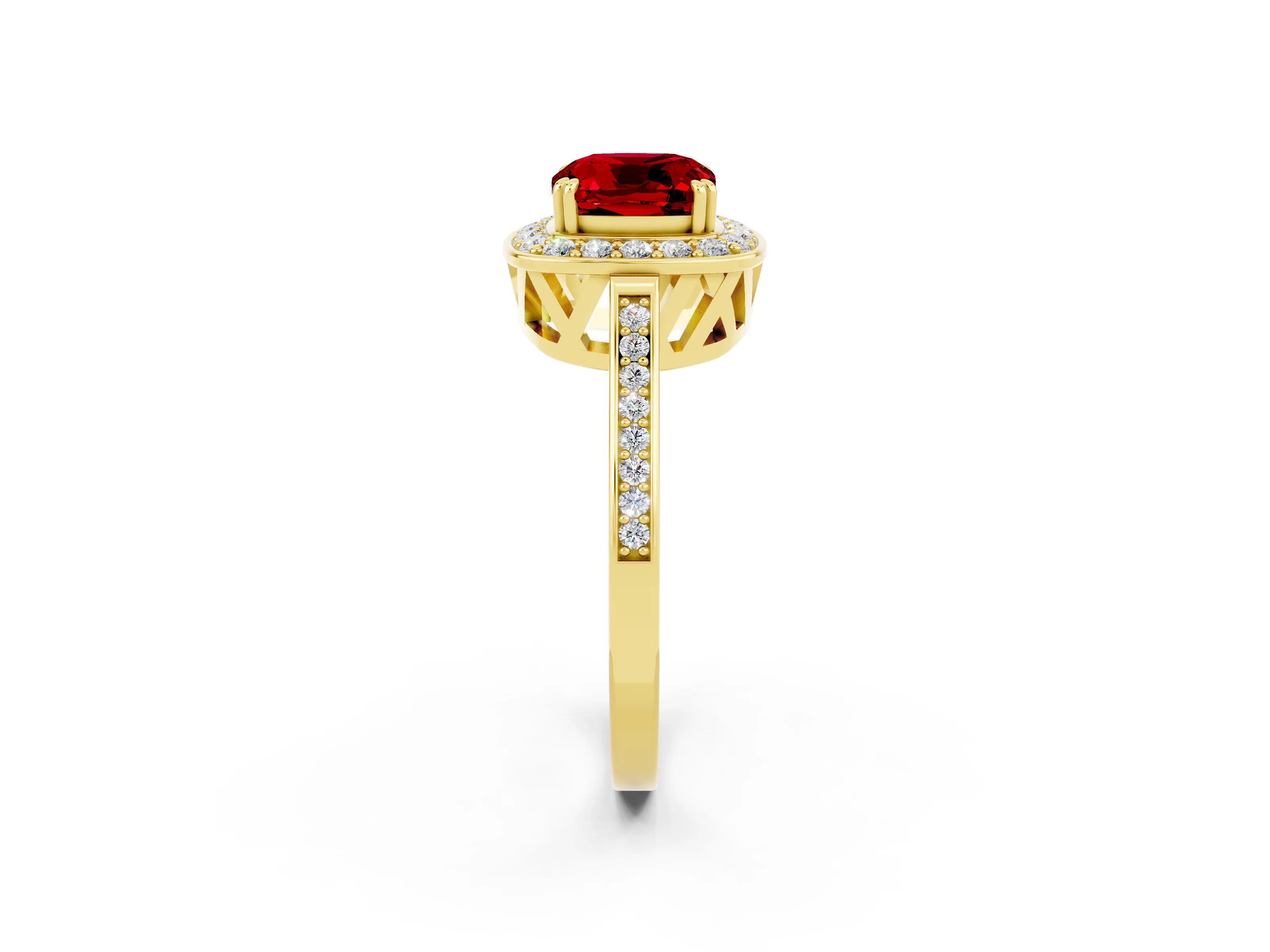 Yellow gold {shape_name} Ruby Halo Ring with Split Shank and Four-Prong Setting_14