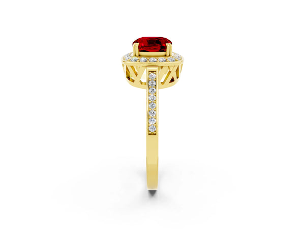 Yellow gold Cushion Cut Ruby Halo Ring with Split Shank and Four-Prong Setting