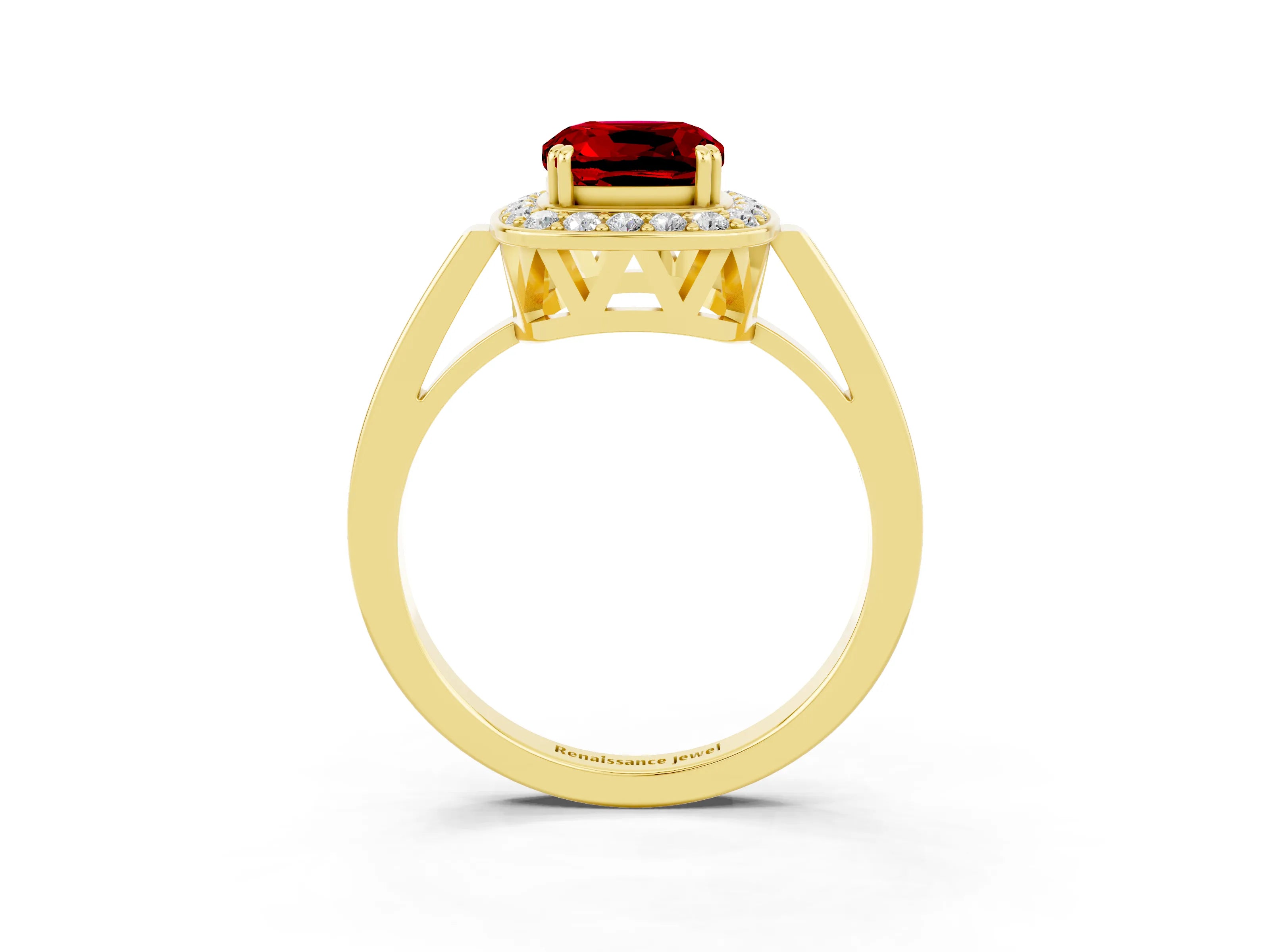 Yellow gold {shape_name} Ruby Halo Ring with Split Shank and Four-Prong Setting_15