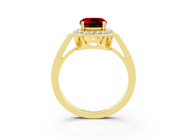 Yellow gold Cushion Cut Ruby Halo Ring with Split Shank and Four-Prong Setting