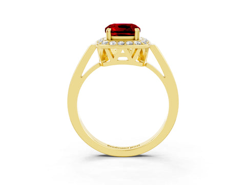 Yellow gold {shape_name} Ruby Halo Ring with Split Shank and Four-Prong Setting_15