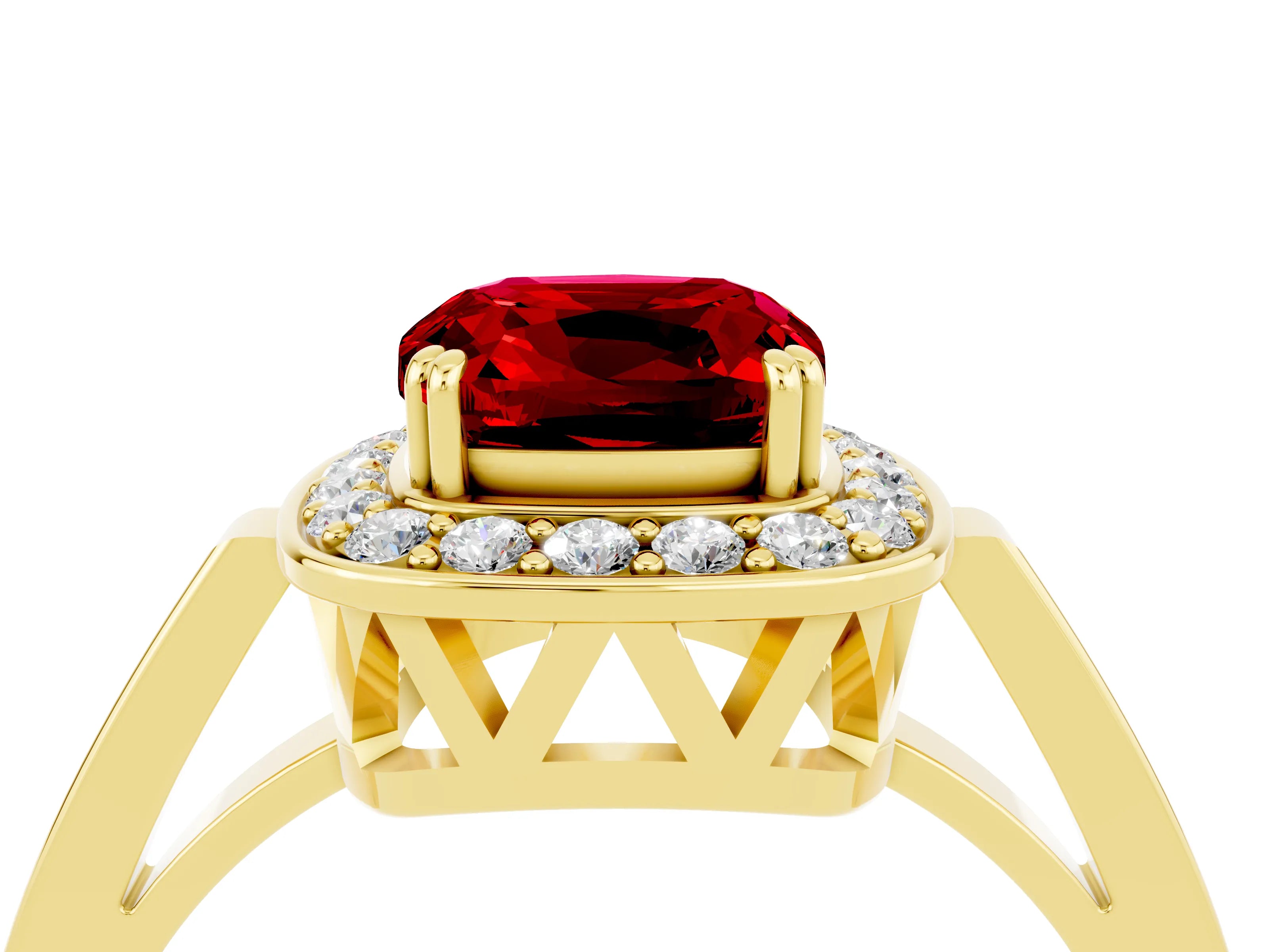Yellow gold {shape_name} Ruby Halo Ring with Split Shank and Four-Prong Setting_16