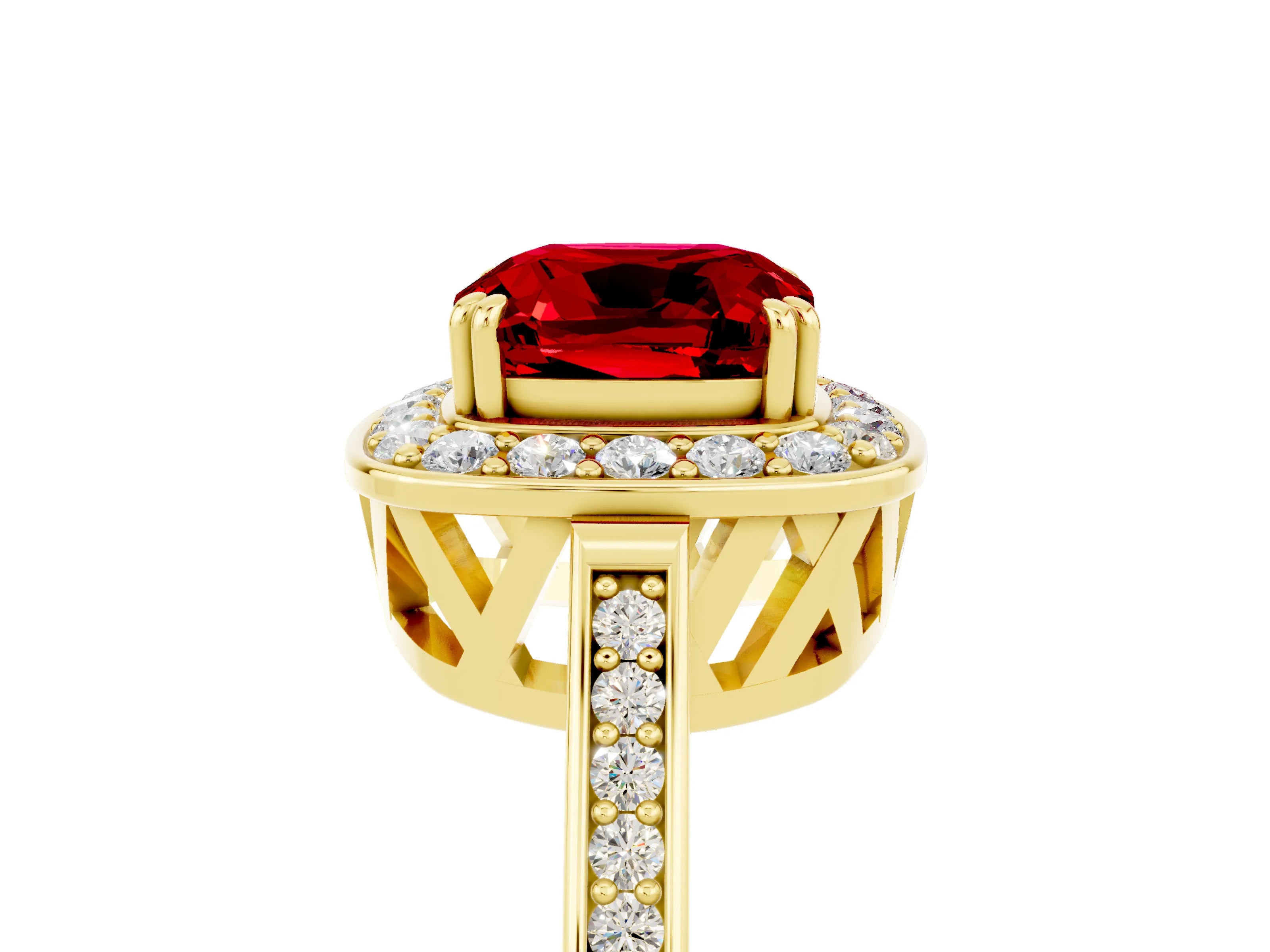 Yellow gold {shape_name} Ruby Halo Ring with Split Shank and Four-Prong Setting_17