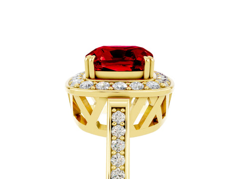 Yellow gold {shape_name} Ruby Halo Ring with Split Shank and Four-Prong Setting_17
