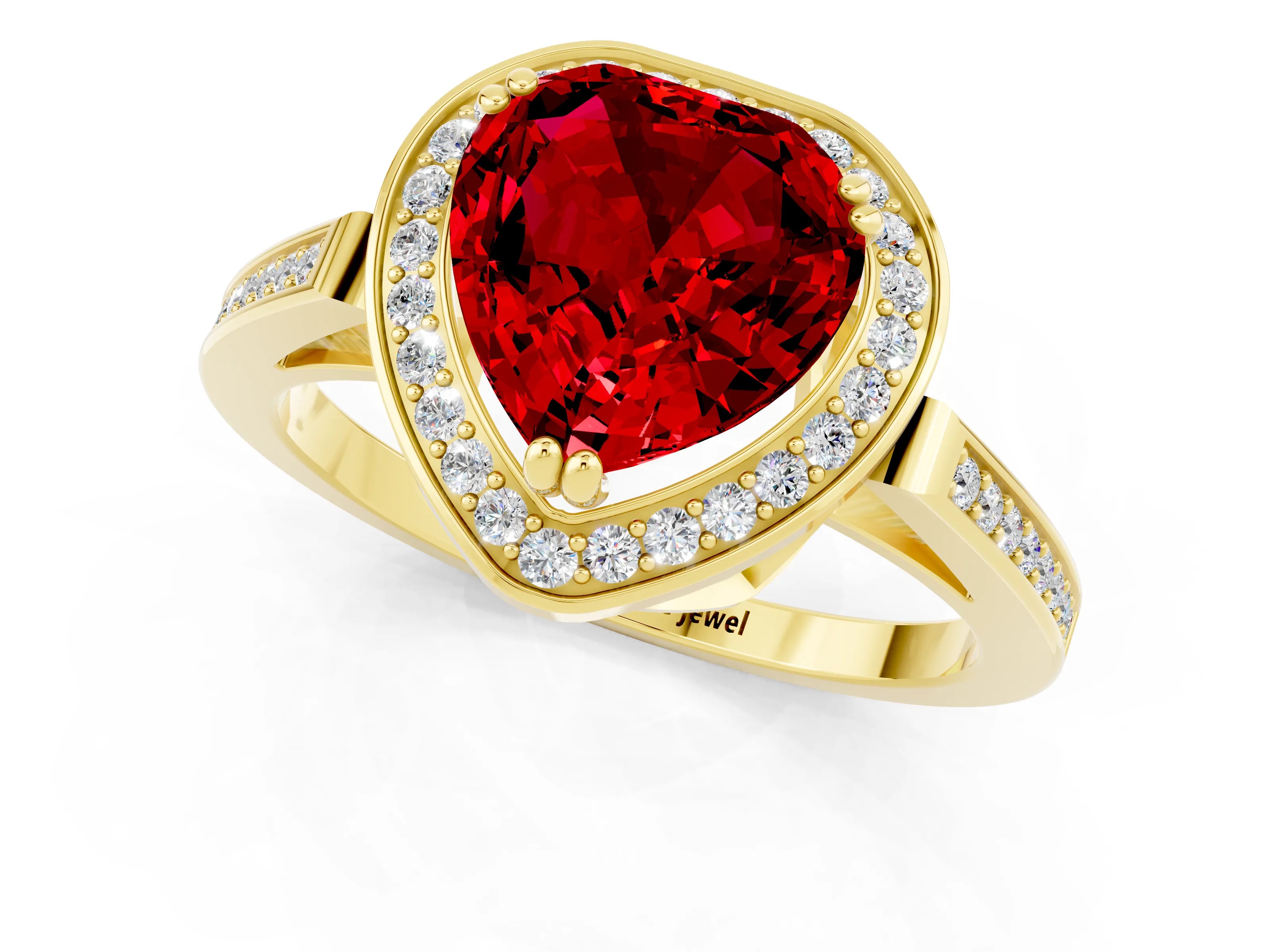 Yellow gold {shape_name} Ruby Halo Ring with Split Shank and Four-Prong Setting_1