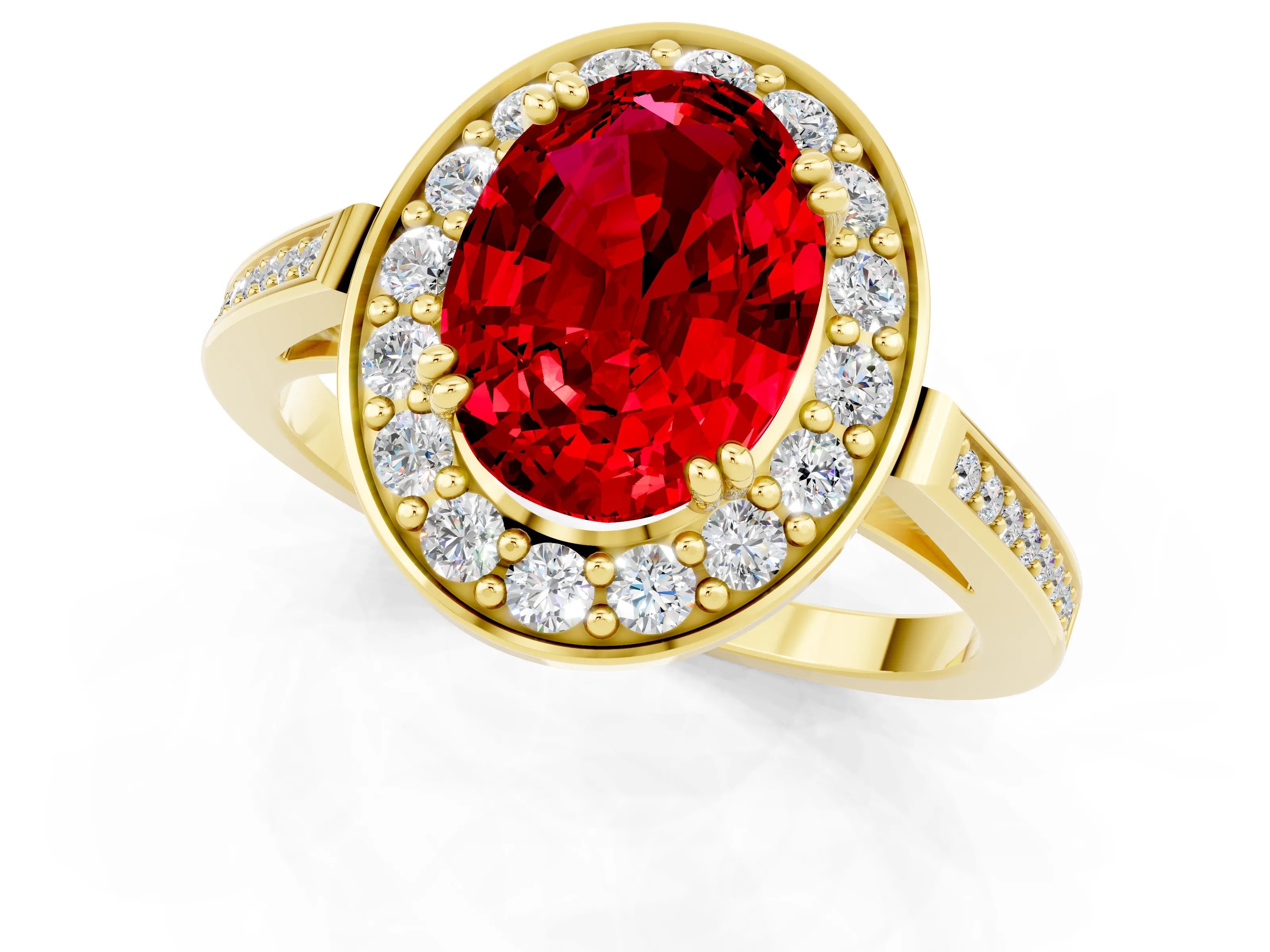 Yellow gold {shape_name} Ruby Halo Ring with Split Shank and Four-Prong Setting_1