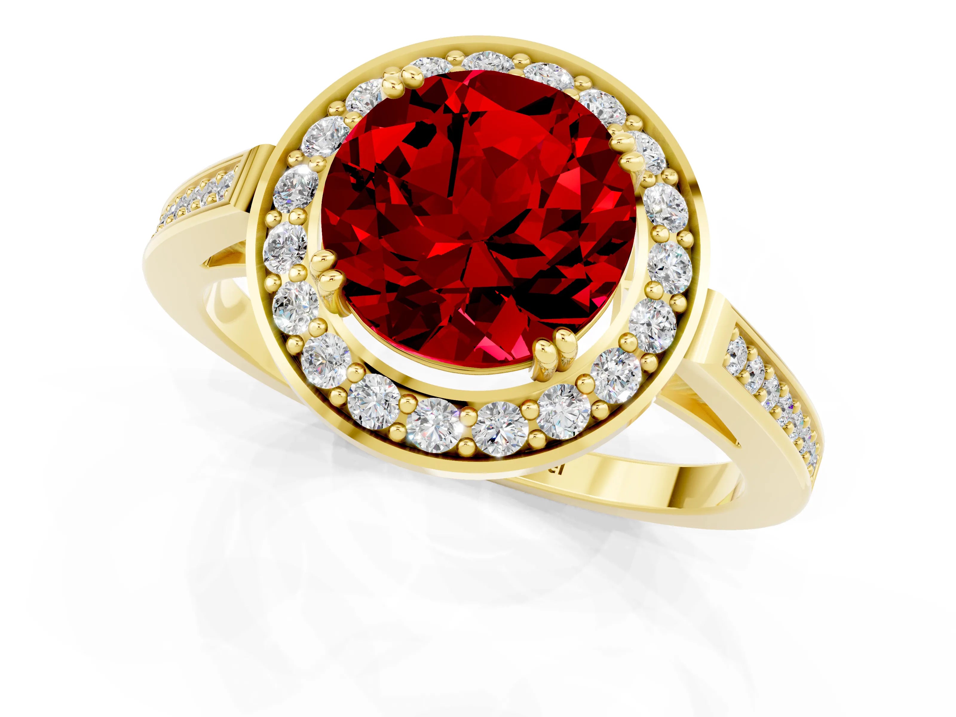 Yellow gold {shape_name} Ruby Halo Ring with Split Shank and Four-Prong Setting_1