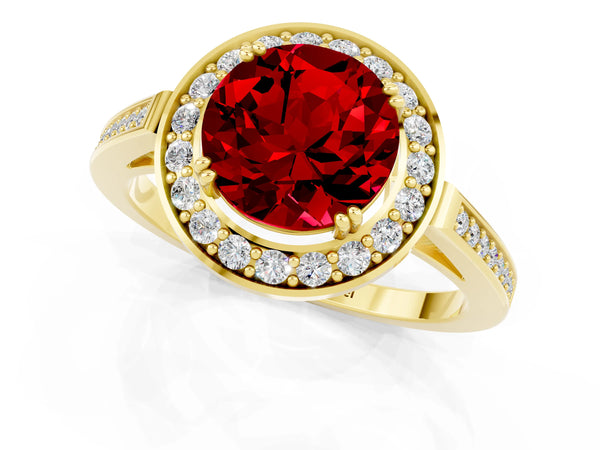Yellow gold Round Cut Ruby Halo Ring with Split Shank and Four-Prong Setting